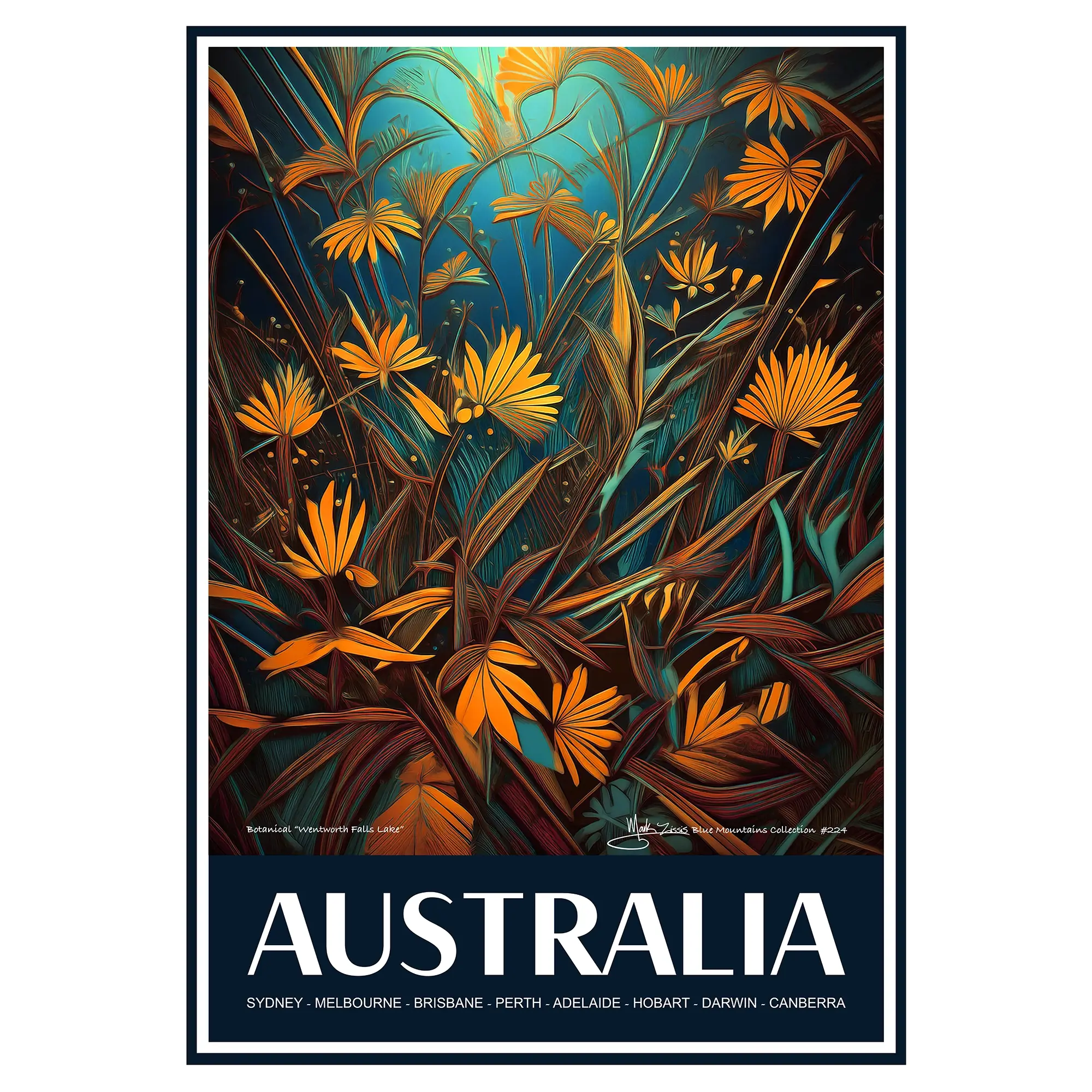 Vintage Travel Poster Australian Botanical Wentworth Falls Lake